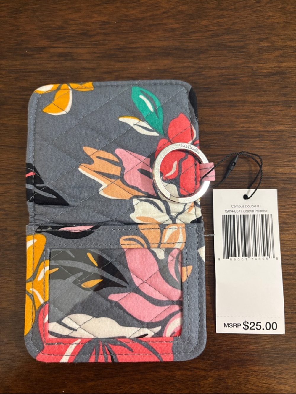 Vera Bradley Gray Floral Key & Card Holder with Pink, Yellow, Green Accents